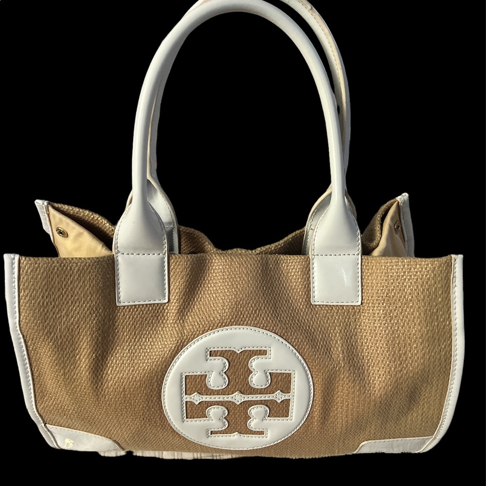 Tory Burch Tan Canvas Tote with White Leather Trim